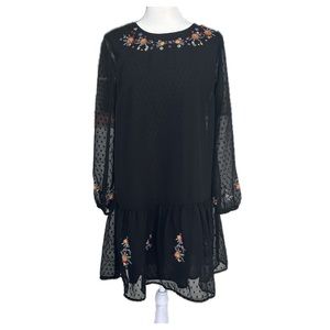 Black Floral Embroidered Smock Dress